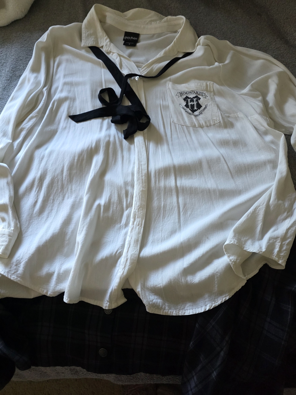 torrid White Button-Up Blouse with Black Ribbon Tie